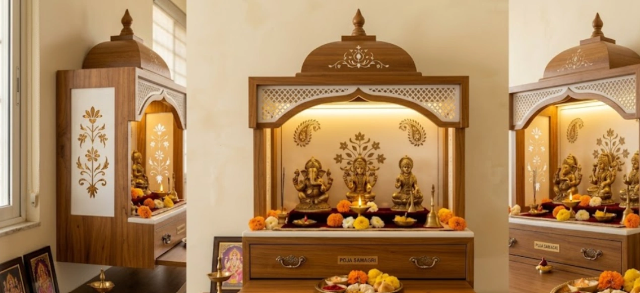 Step-arch mandir with brass bells set inside carved shutter windows