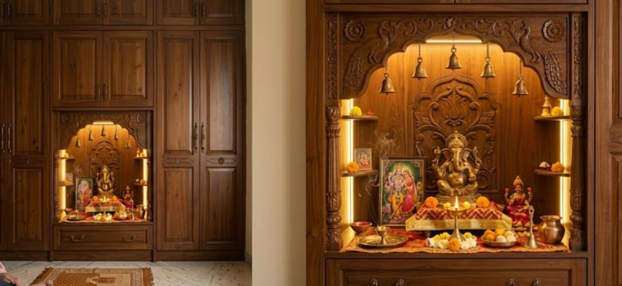 Integrated wardrobe pooja alcove recessed into full-height cabinetry with cove lighting