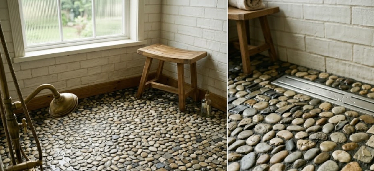 Tactile river pebble mosaic stone flooring inside a shower zone with a linear drain