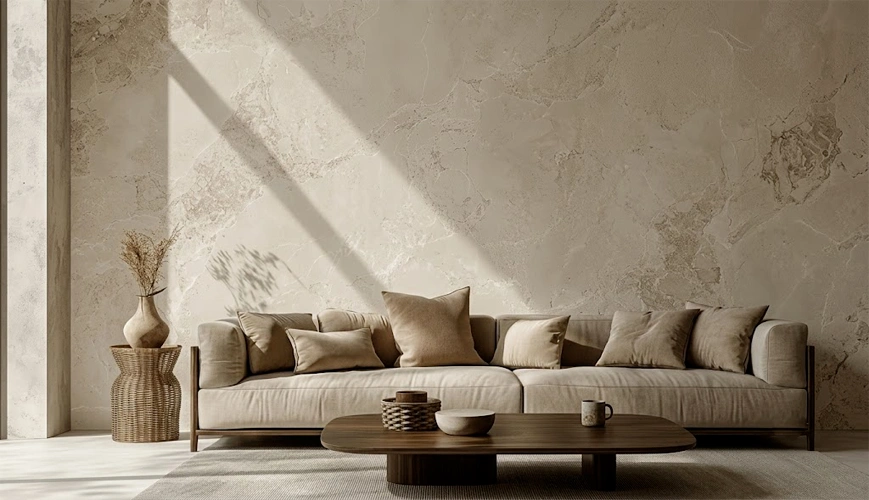 Seamless hand-troweled microcement and lime wash wall finish in a minimalist room