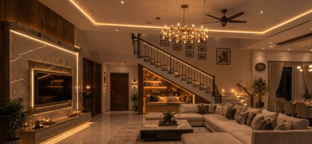 Bespoke semi-luxury 3 BHK interior with feature panelling and designer lighting