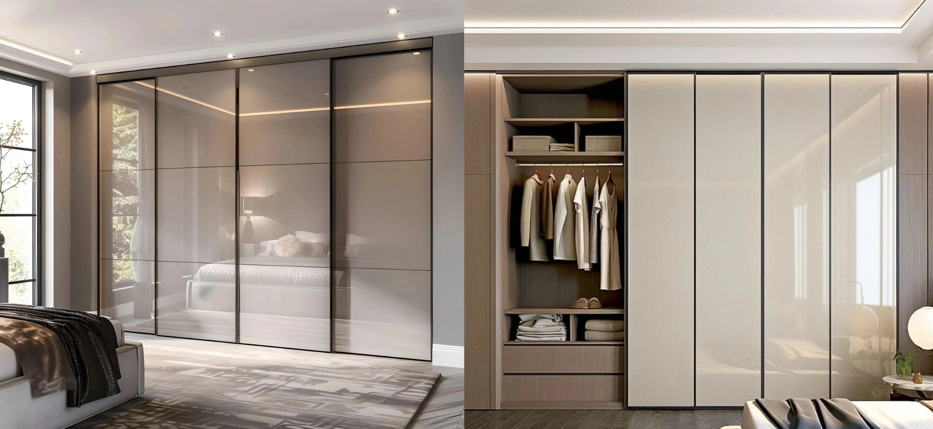 Flush-to-wall coplanar wardrobe with tinted glass and slim aluminium frames