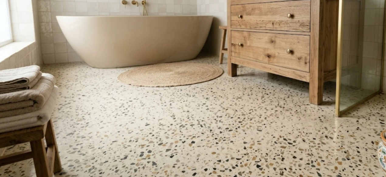 Artisanal terrazzo bathroom flooring with muted stone flecks and a freestanding tub