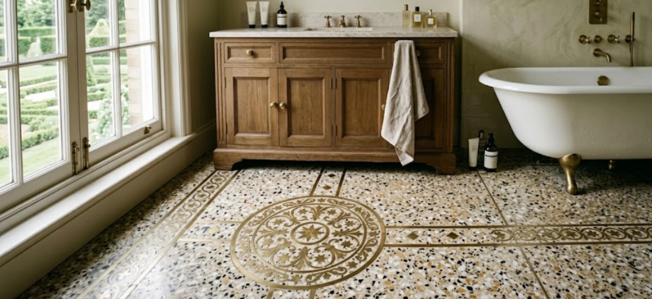 Terrazzo floor with a custom brass inlay medallion accent in a luxury bathroom