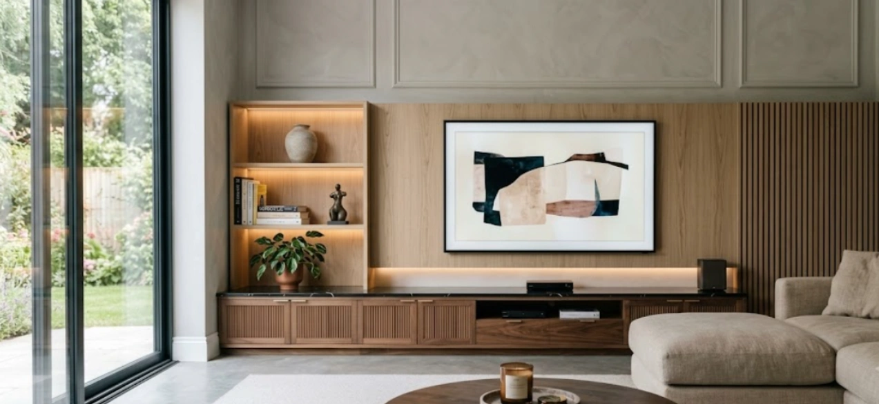 Modern TV unit with a wood slat backdrop, floating console and display niches in a Delhi NCR living room
