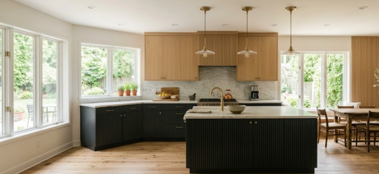 Two-tone western kitchen with a fluted dark island and warm wood upper cabinets
