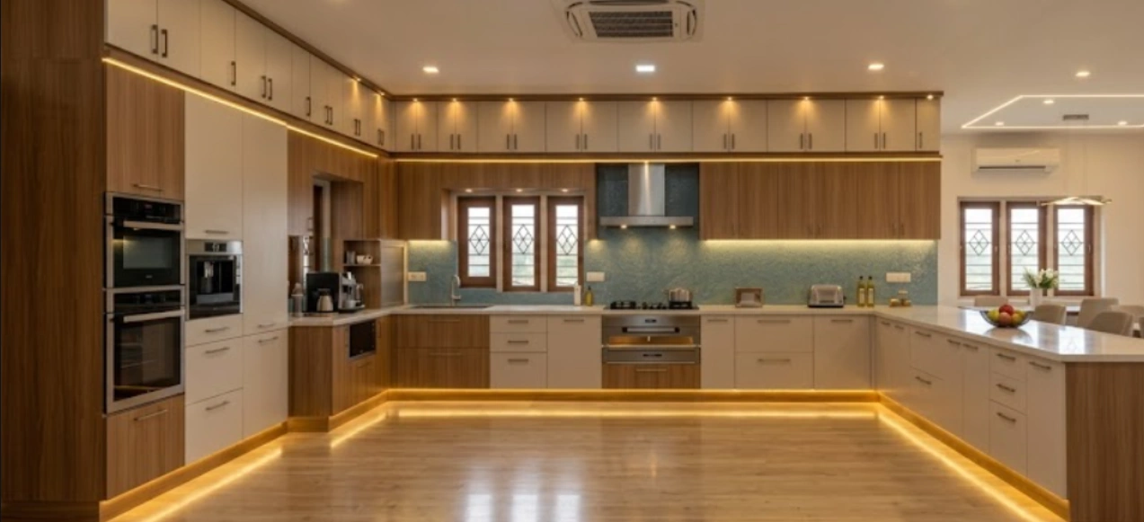 U-shaped modular kitchen design for a 3 BHK with wood cabinets, built-in ovens and under-cabinet lighting