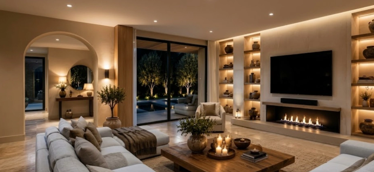 Value-optimised living room with a floating TV console and warm cove lighting