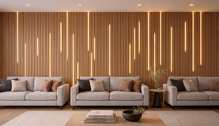 Vertical fluted and slatted acoustic timber louvers backlit with micro-LED channels behind a sofa