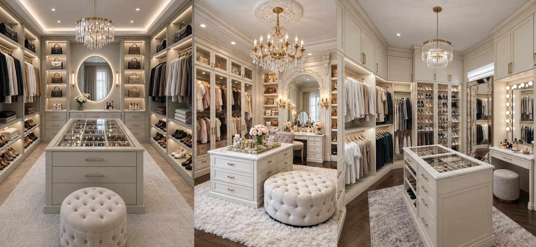 Walk-in closet with a central jewellery island, glass vitrines and cove lighting