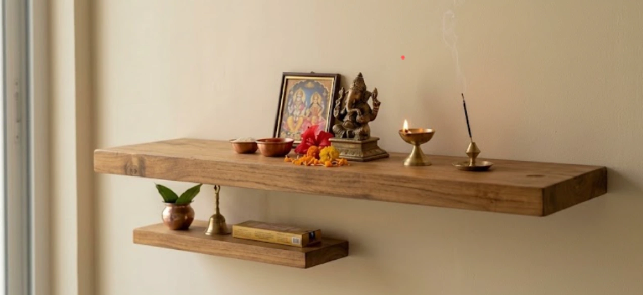 Open-ledge minimalist floating altar with a brushed brass rail and concealed LED