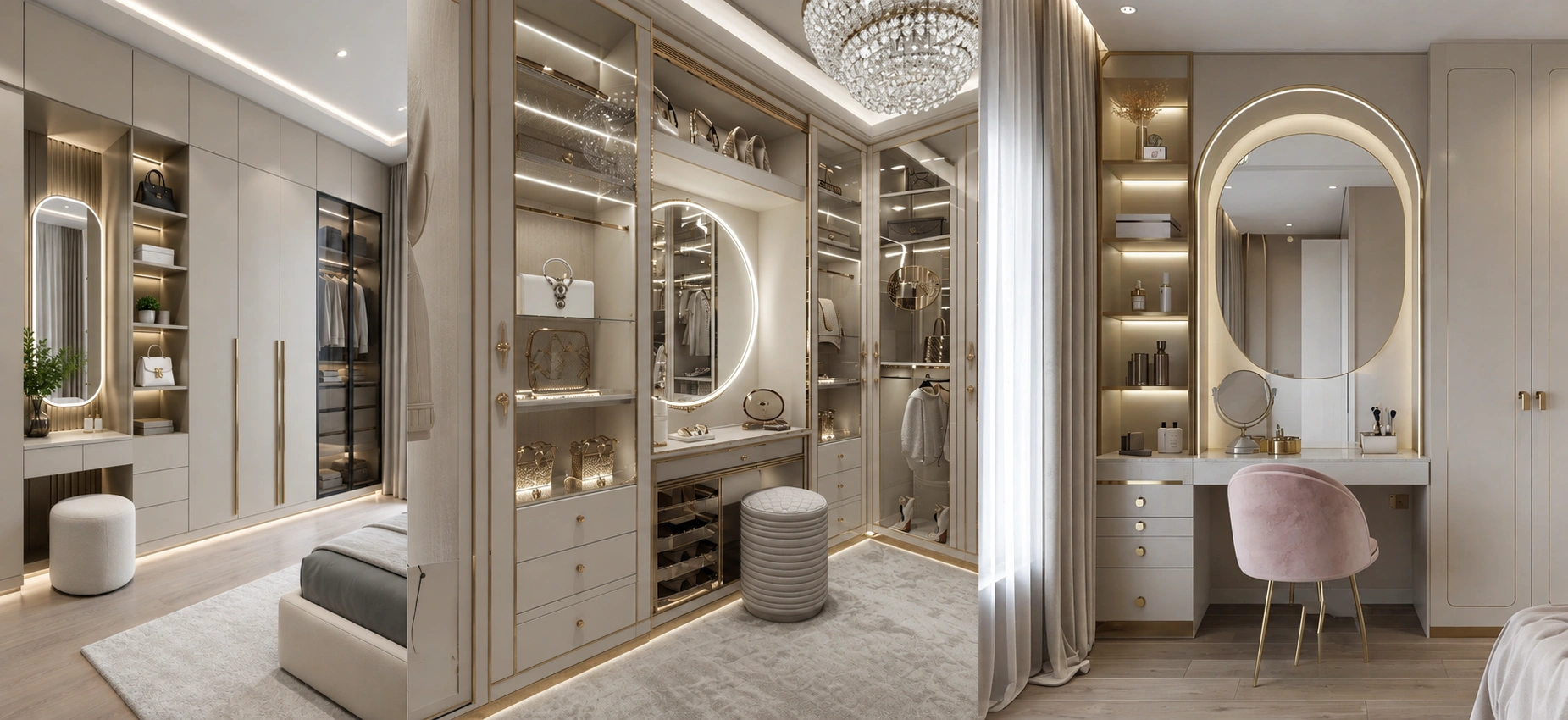 Integrated wardrobe and vanity unit with an LED backlit mirror