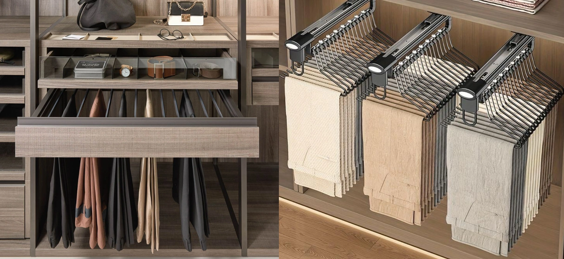 Velvet-lined pull-out trays for watches, belts and jewellery inside a wardrobe