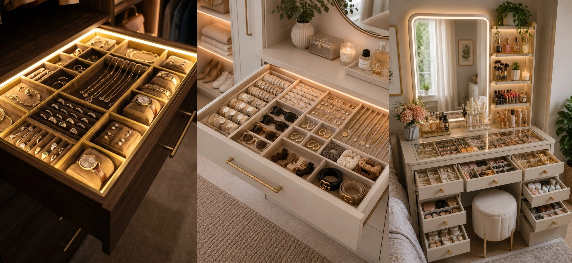 Wardrobe interior with pull-out trouser and saree racks and sensor lighting