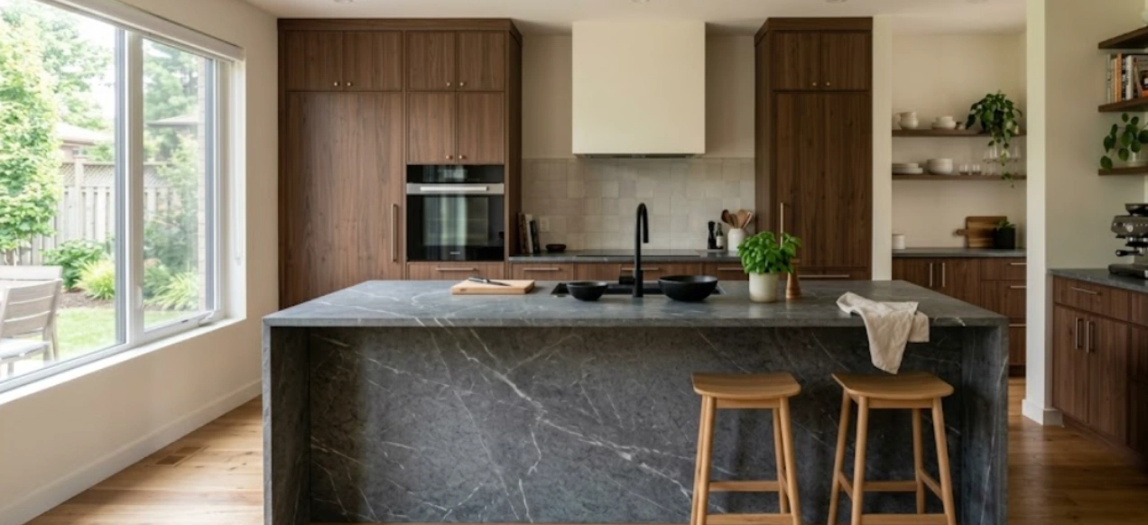 Western kitchen with a dark stone waterfall island and timber bar stools