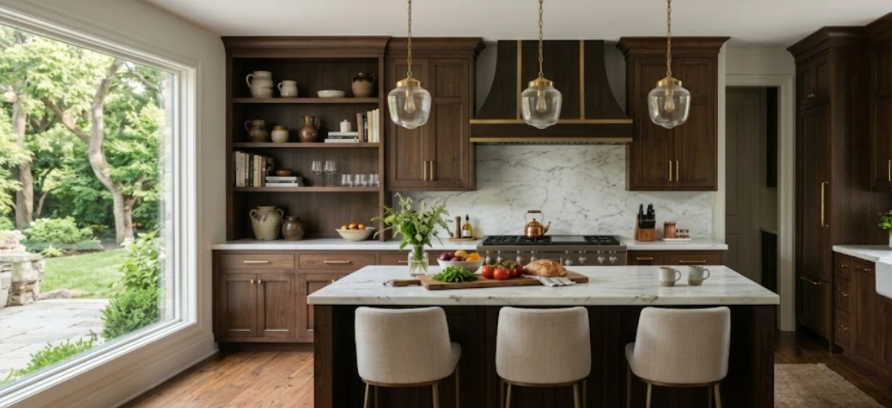 Western kitchen design with a waterfall island in a Delhi NCR home