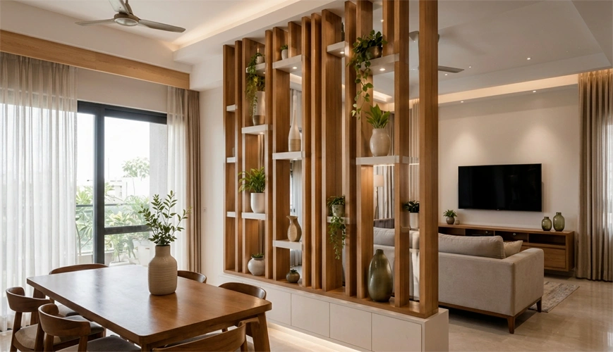Slatted timber room divider separating a living and dining zone without blocking daylight