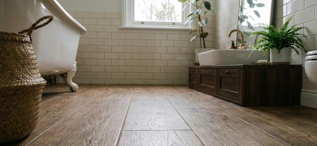 Wood-plank porcelain tile bathroom flooring with a biophilic timber look