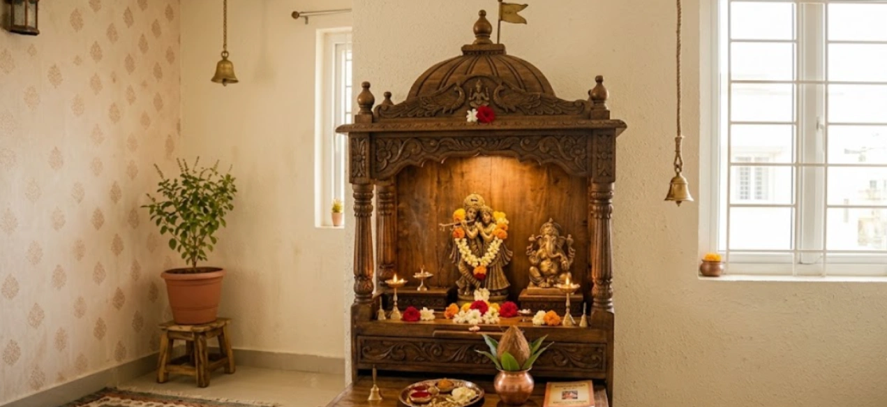 Carved teak wooden mandir design for home in a Delhi NCR apartment