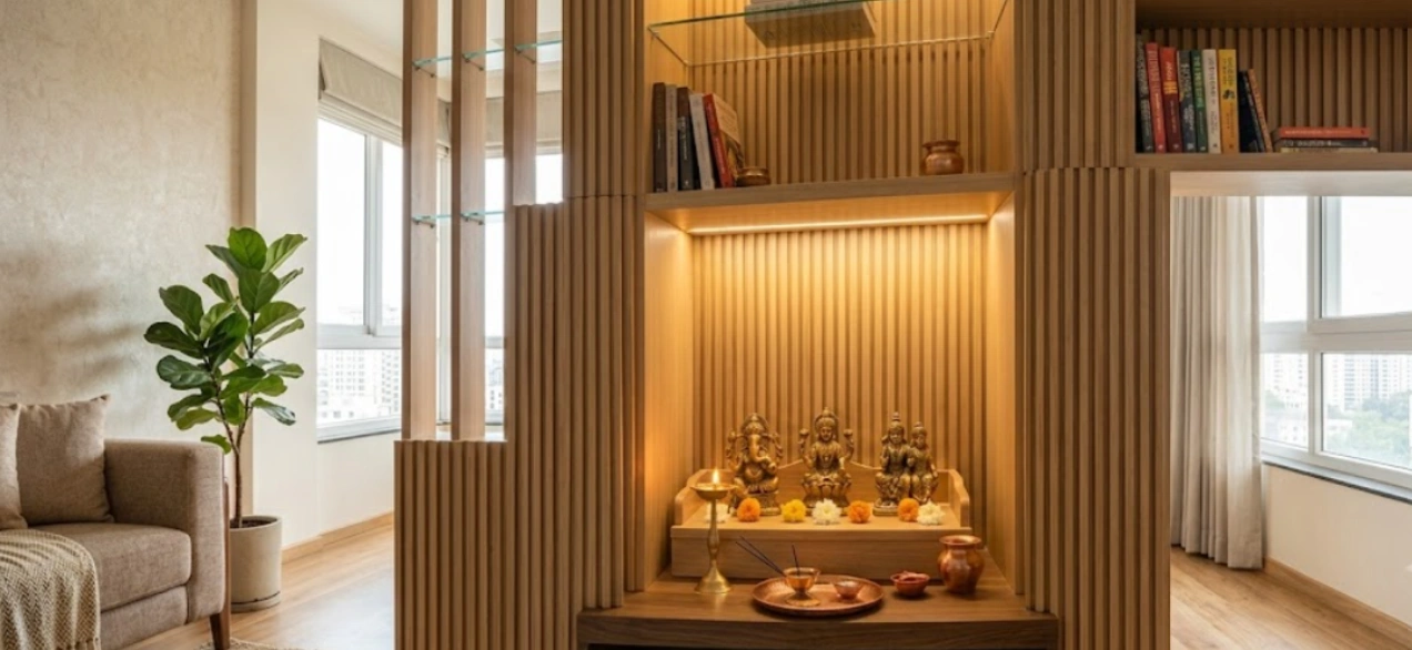 Contemporary fluted wood temple divider separating drawing and dining zones