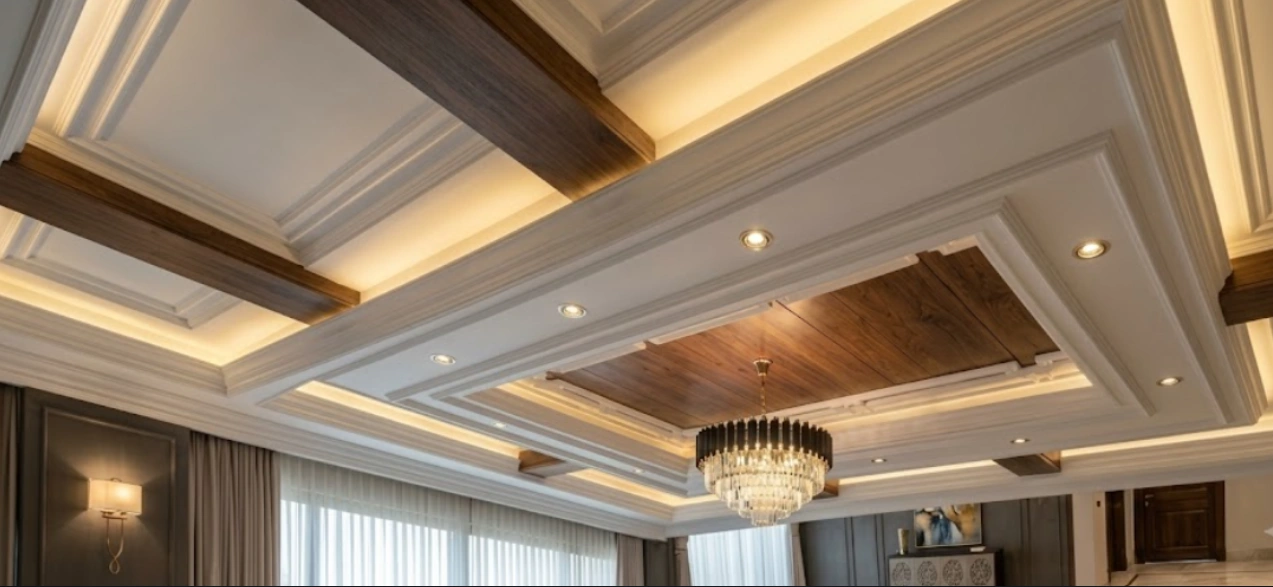 Layered lighting scheme with cove LEDs, wooden rafters and a statement chandelier